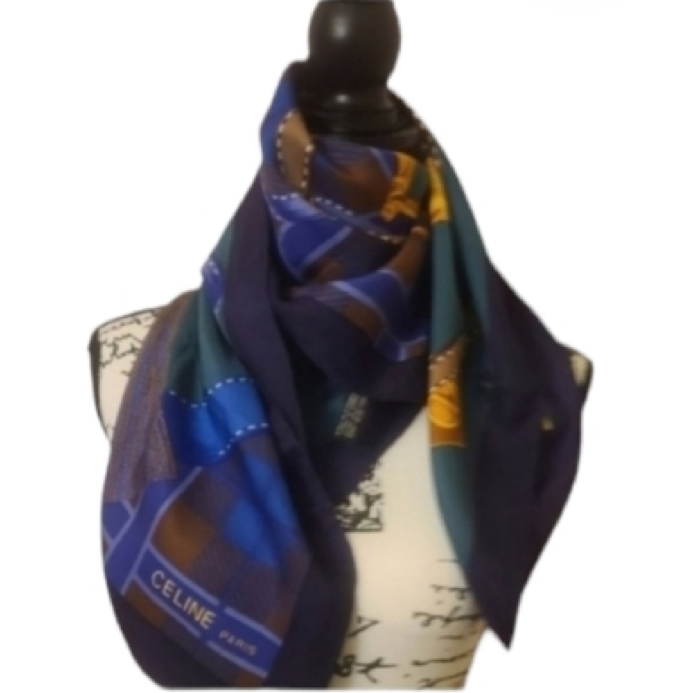 Celine Navy Blue Brown Gold Printed Silk Scarf - Picture 8 of 13